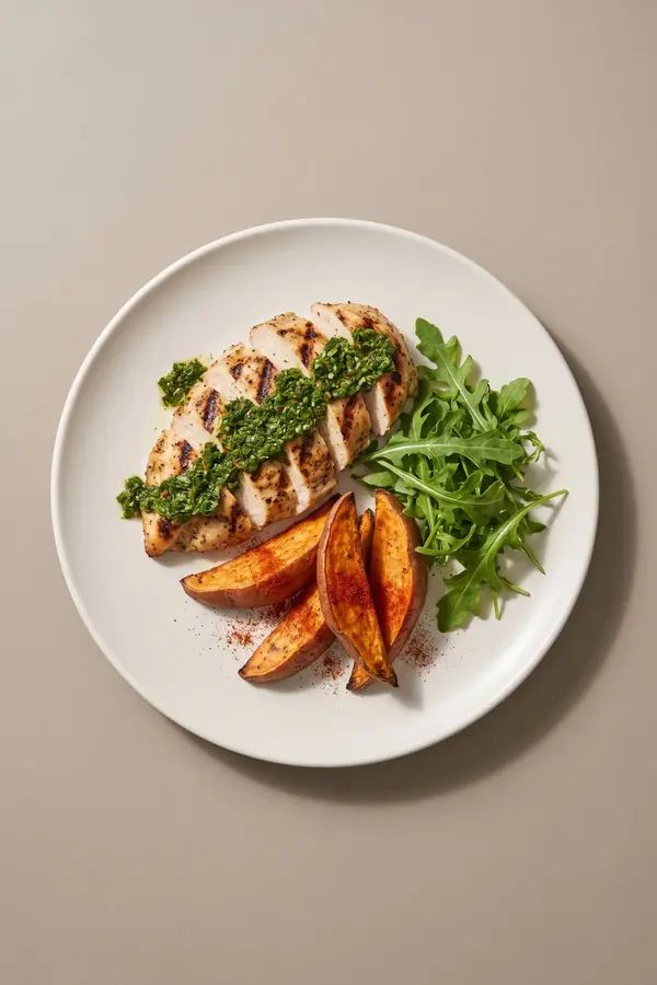 Grillezett csirkemell chimichurrival és sült édesburgonyával
